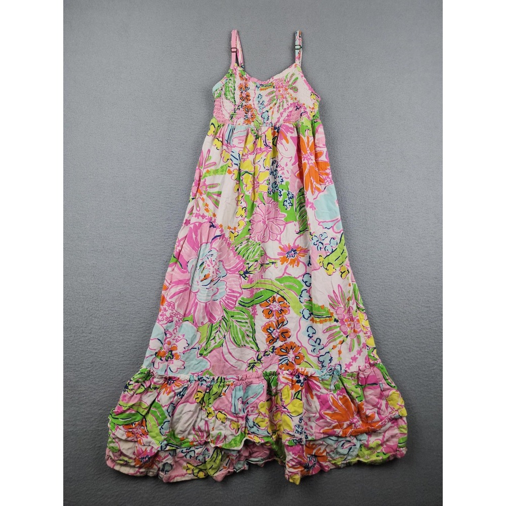 Lilly Pulitzer Dress Girls 7-8 Multicolor Floral Maxi Smocked Ruffle Preppy Fun